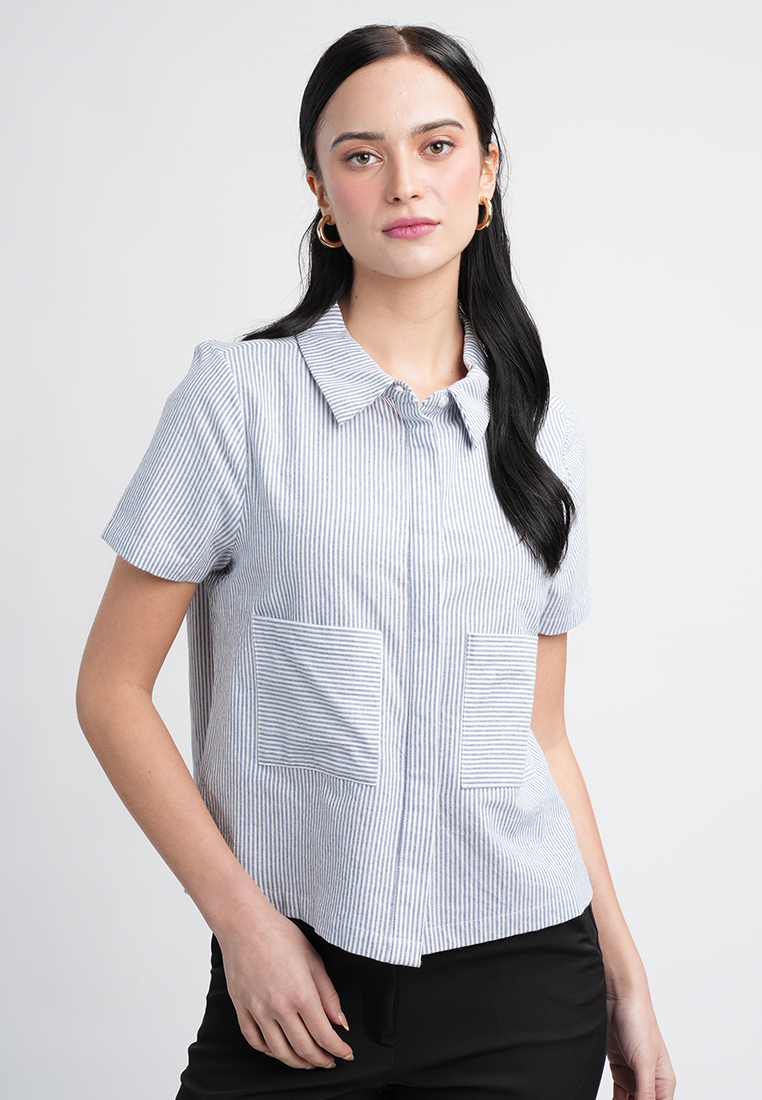 Emma Short Sleeve Striped Collared Button-Up Top Blouse