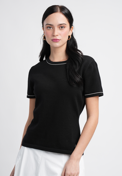 Gianna Classic Knit Top With Contrast Trim Crewneck