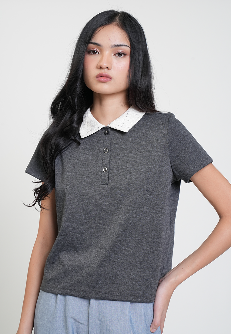 Mariella Contrast Tweed Collar Polo Top
