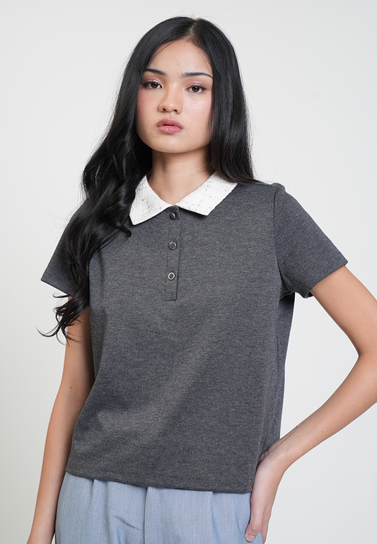 Mariella Contrast Tweed Collar Polo Top