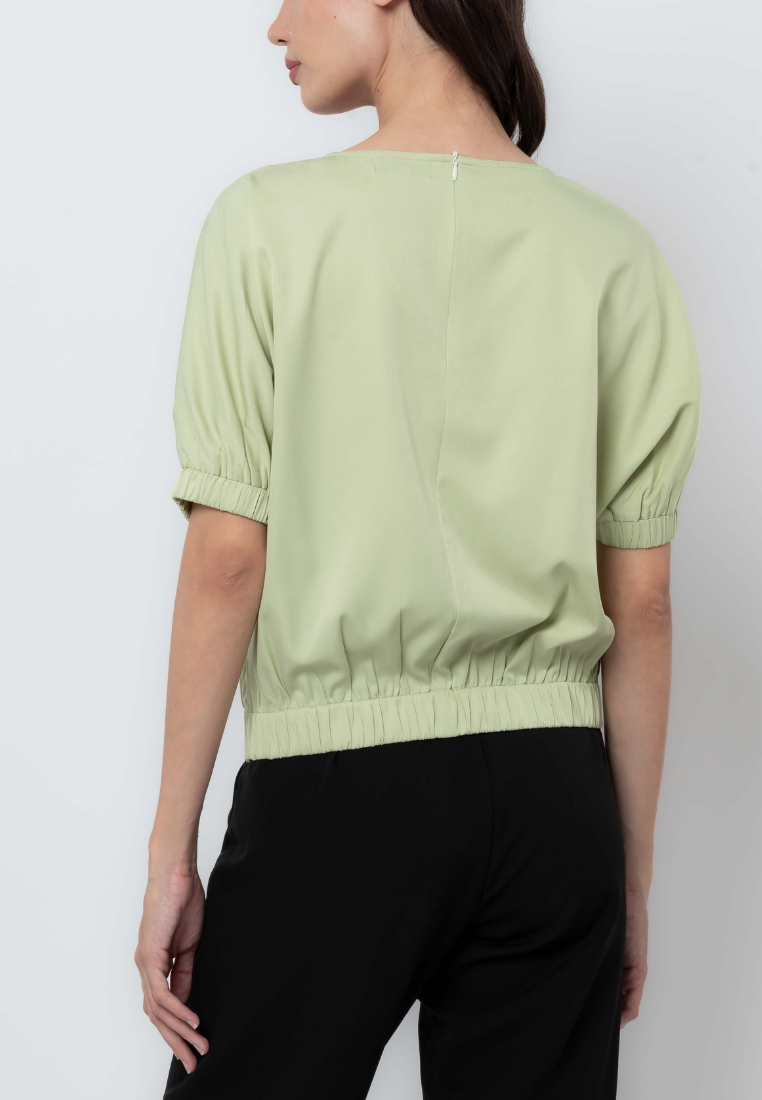 Banded Puff Sleeve Blouse with Origami Keyhole Detail