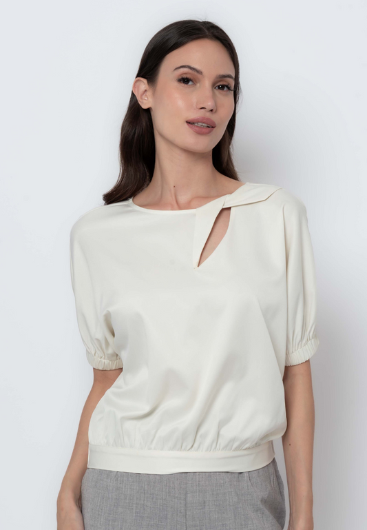 Banded Puff Sleeve Blouse with Origami Keyhole Detail