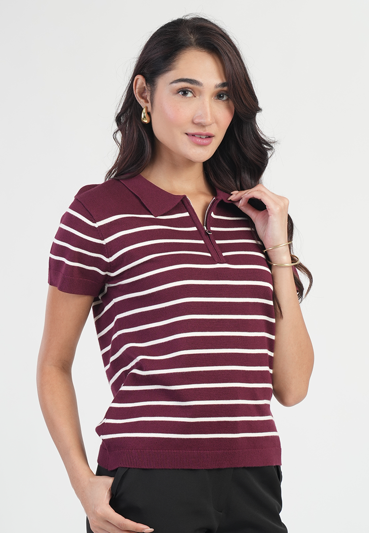 Shellave Striped Polo Knit Top