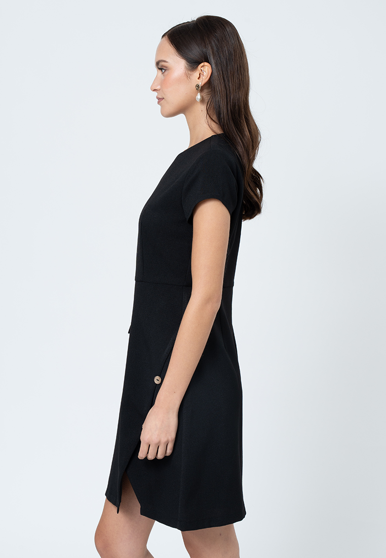 Havenly Tweed Shift Dress with Skirt Flap and Button Detial