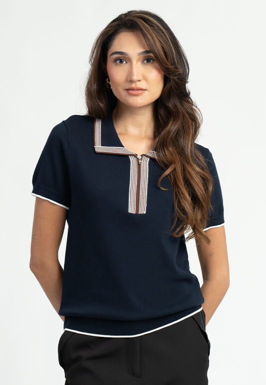 Isabella Knit Polo Striped Zip Top