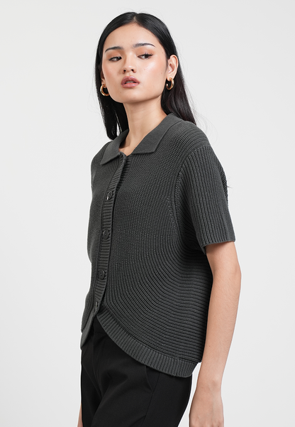 Estelle Collared Ribbed Knit Top with Curved Hem