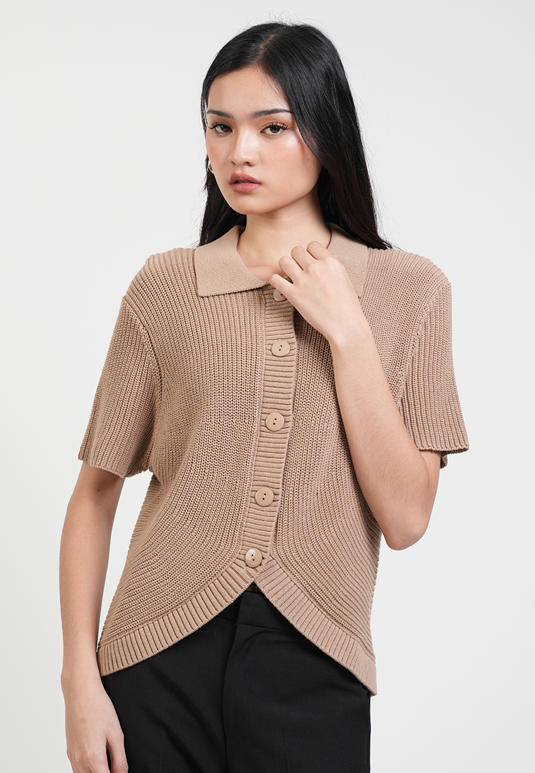 Estelle Collared Ribbed Knit Top with Curved Hem