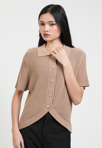 Estelle Collared Ribbed Knit Top with Curved Hem