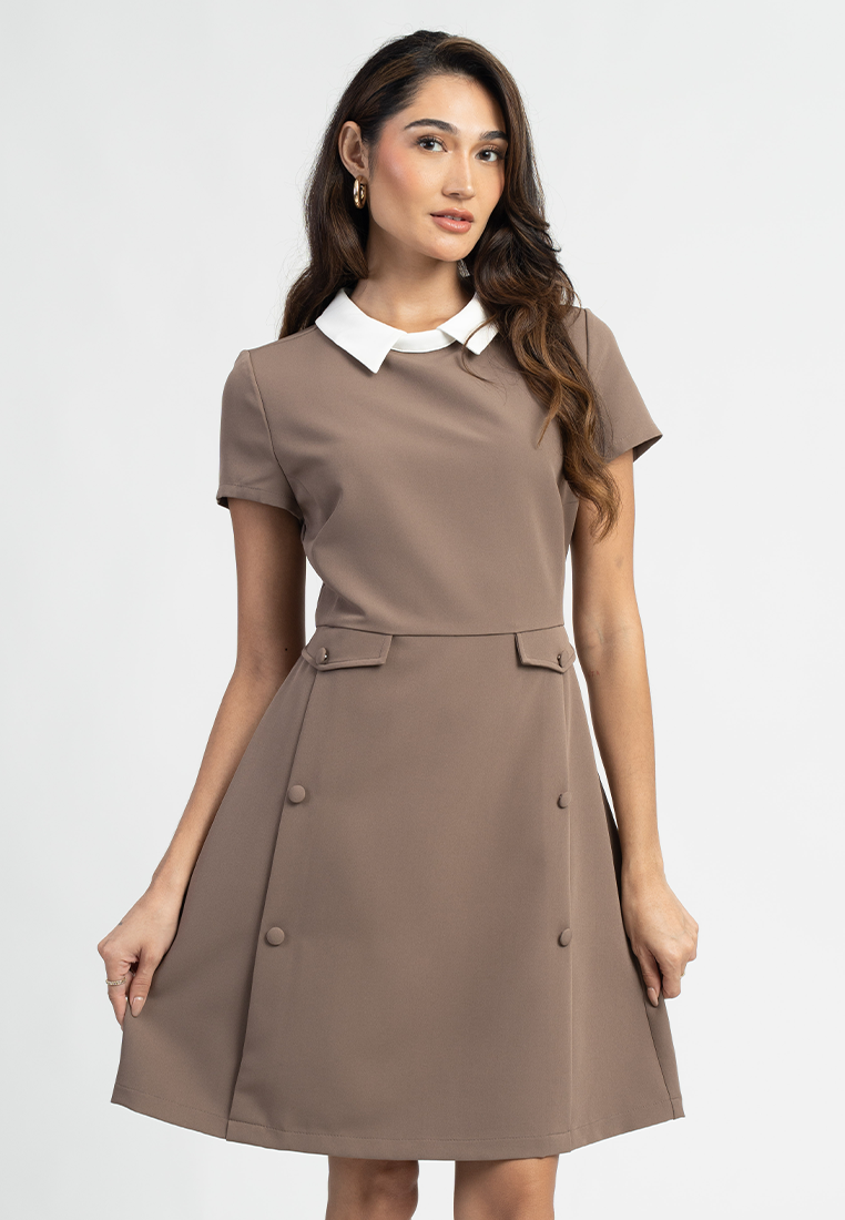 Ayla Short Sleeves Contrast Collar A-Line Midi Dress
