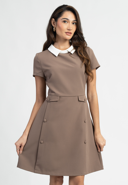 Ayla Short Sleeves Contrast Collar A-Line Midi Dress