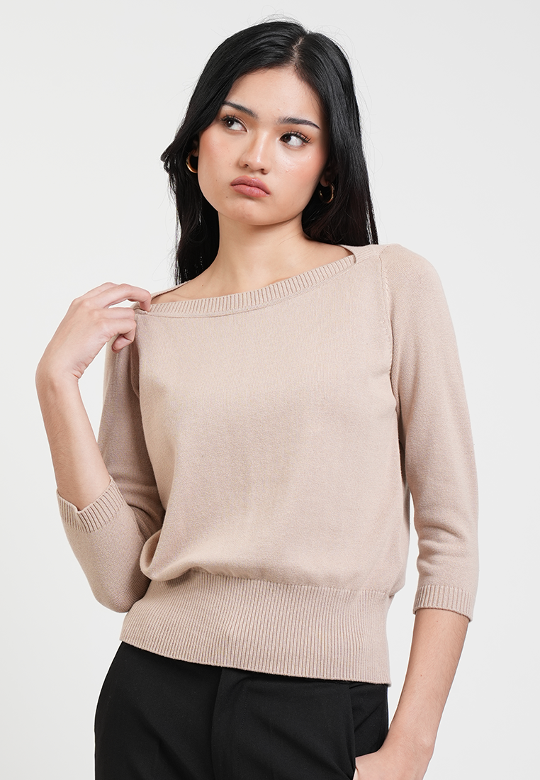 Cora Wide Boatneck 3/4 Sleeve Fine Knit Top