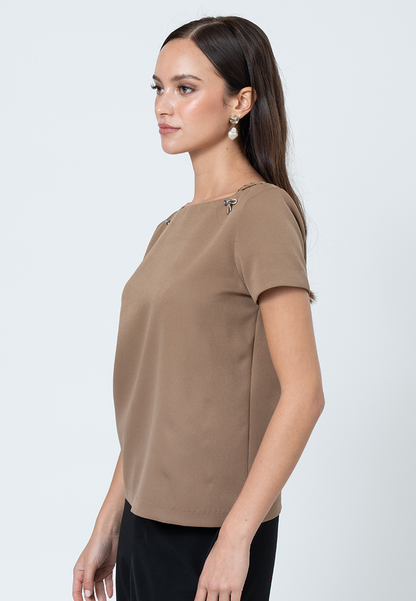 Fia Boat Neck Top with Decorative Ribbon Hardware and Braided Strap