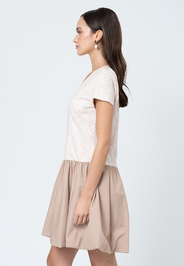 Tamsin Hatching Printed A-Line Dress with Contrast Plain Skirt