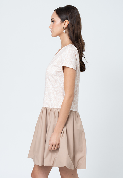 Tamsin Hatching Printed A-Line Dress with Contrast Plain Skirt