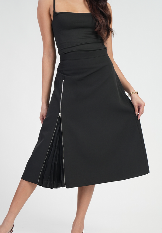 Natalia High Waisted Side-Zip Pleated Midi Skirt