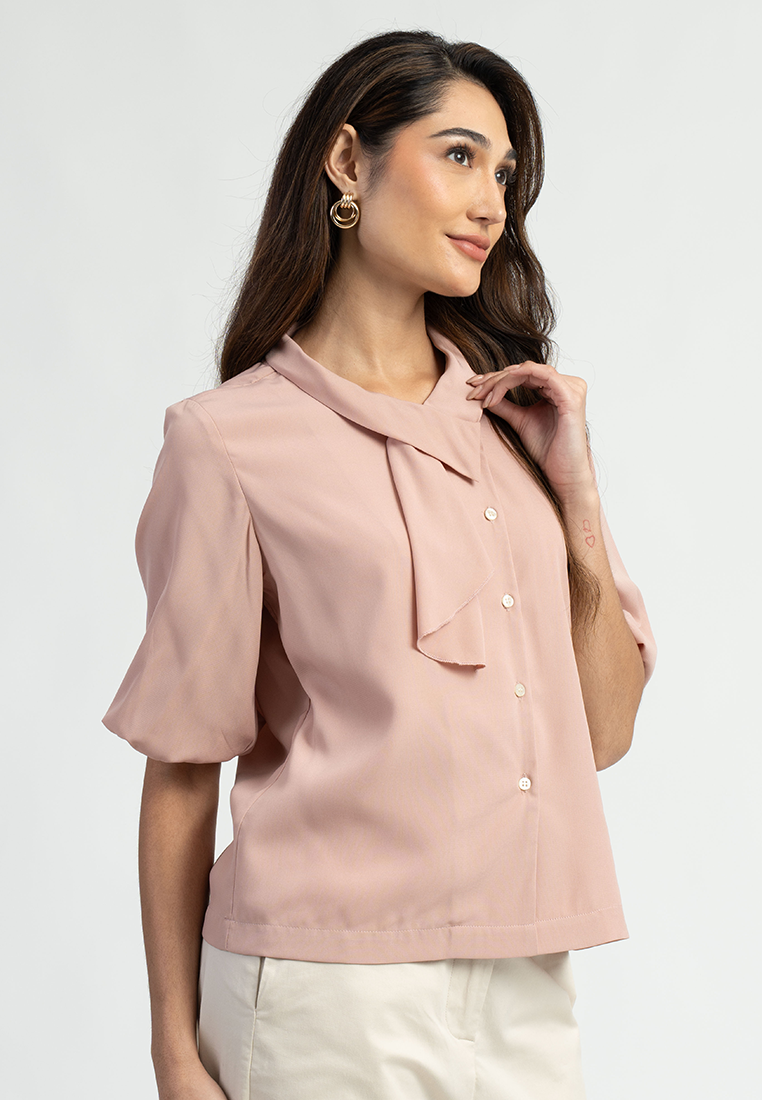 Vaela Contemporary Pussen Bow Short Sleeve Blouse