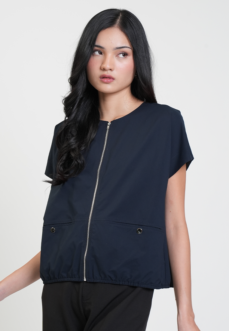 Aleah Cap Sleeve Zip-Up Pocket Detail Top