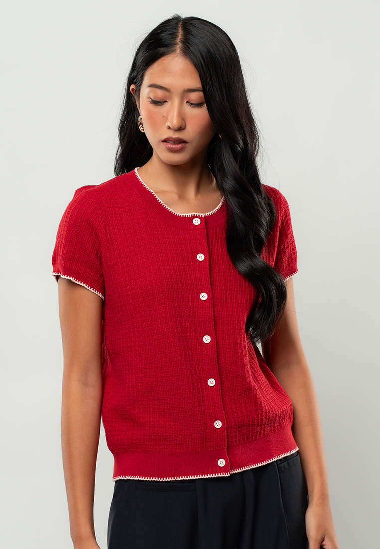 Elena Short-Sleeve Button-Front Knit Cardigan with Contrast Trim