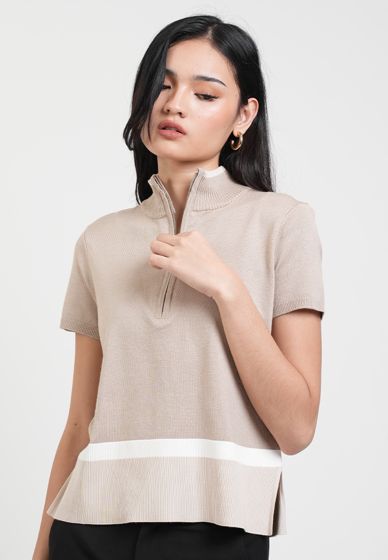 Catherine Colorblock Collared Zip Knit Top