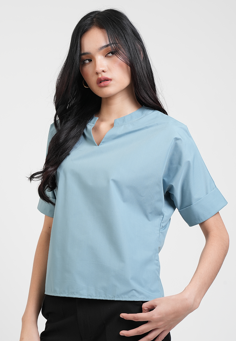 Aivee Notched Neckline Short Sleeve Blouse