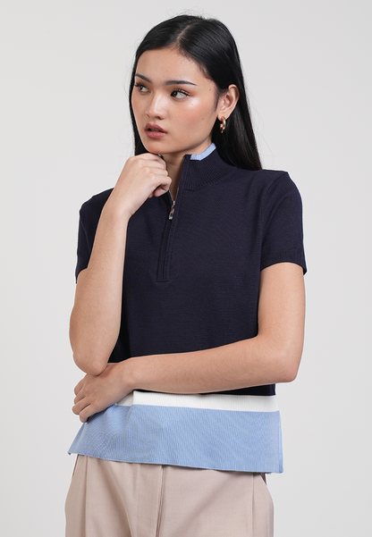 Catherine Colorblock Collared Zip Knit Top