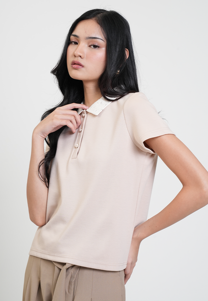 Mariella Contrast Tweed Collar Polo Top