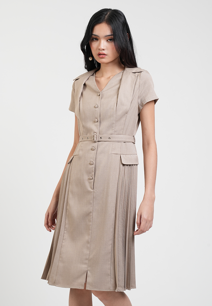 Claudette V-Neck Belted Pleated Hem Midi Dress