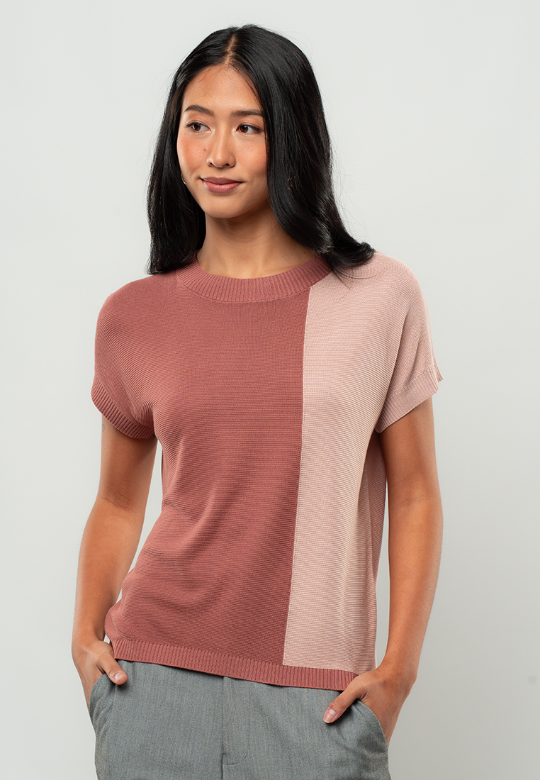 Jessa Colorblock Short-Sleeve Knit Crewneck Blouse