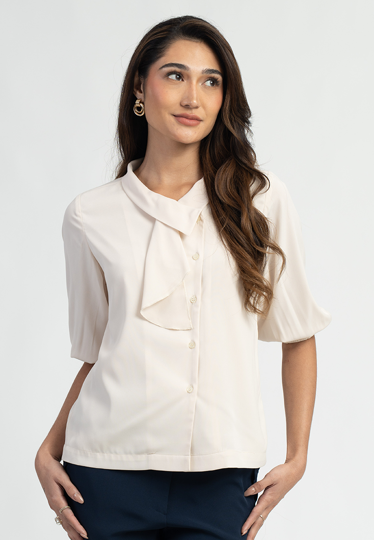Vaela Contemporary Pussen Bow Short Sleeve Blouse