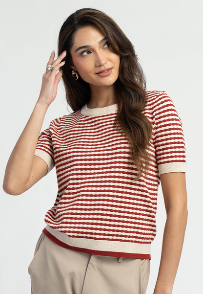 Zari Textured Stripe Knitted Short Sleeve Top