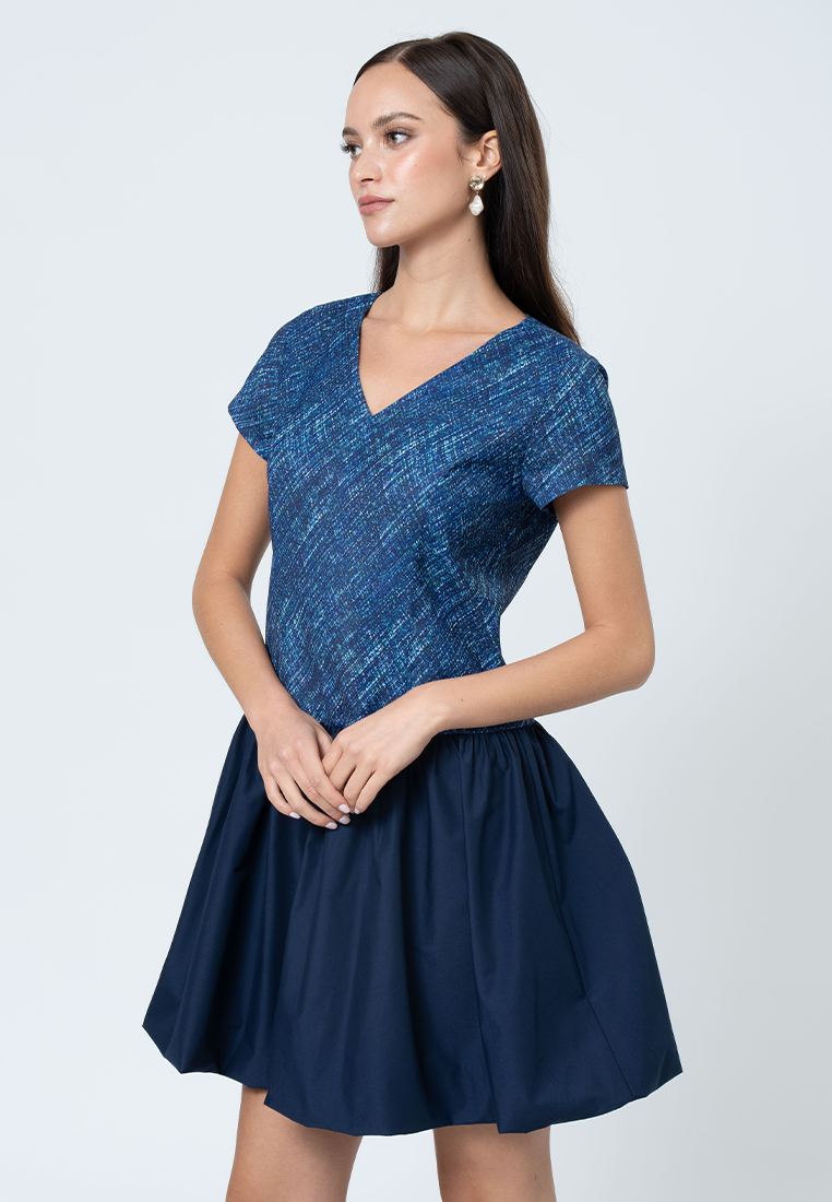 Tamsin Hatching Printed A-Line Dress with Contrast Plain Skirt