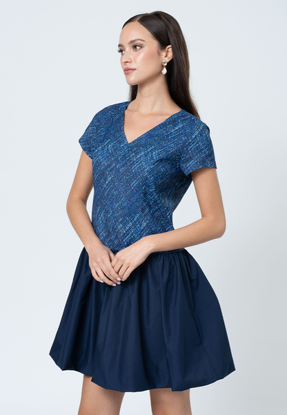 Tamsin Hatching Printed A-Line Dress with Contrast Plain Skirt