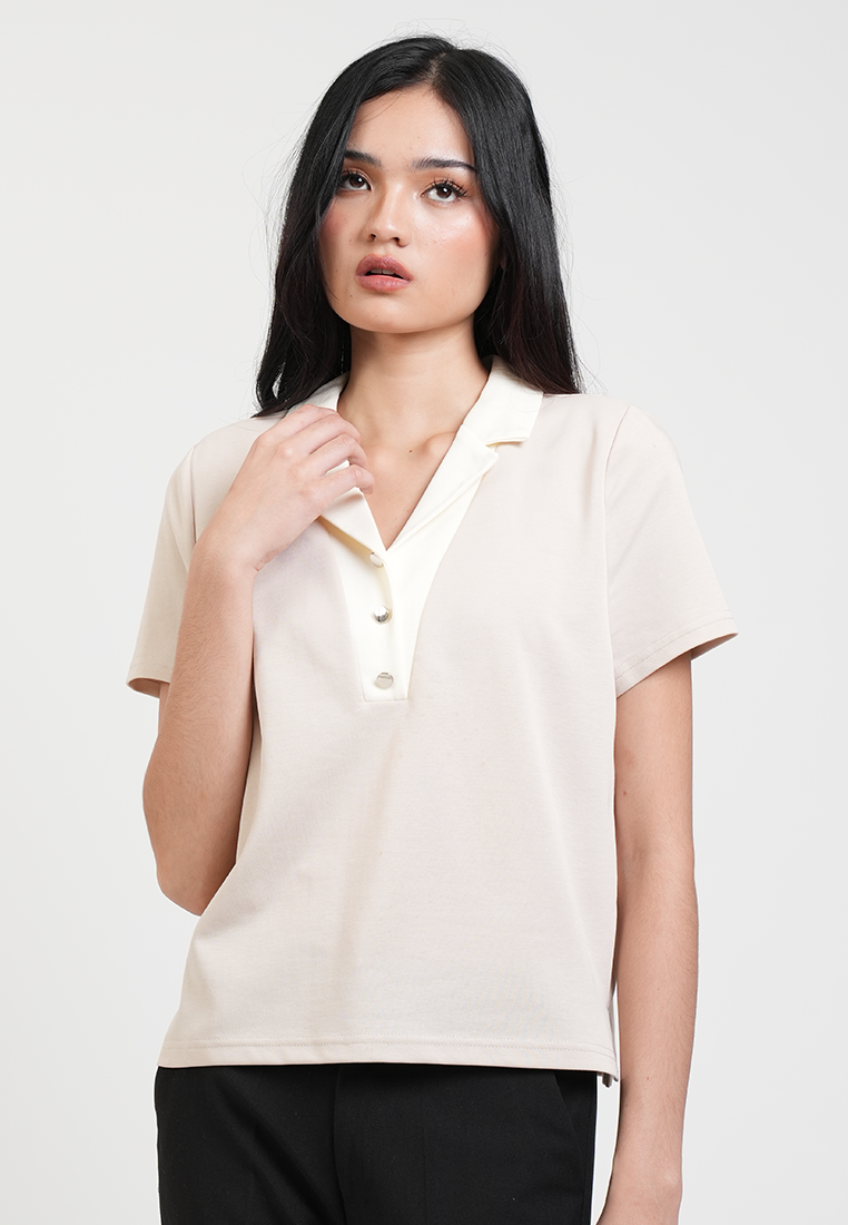 Vesper Button Placket Contrast-Collar Top