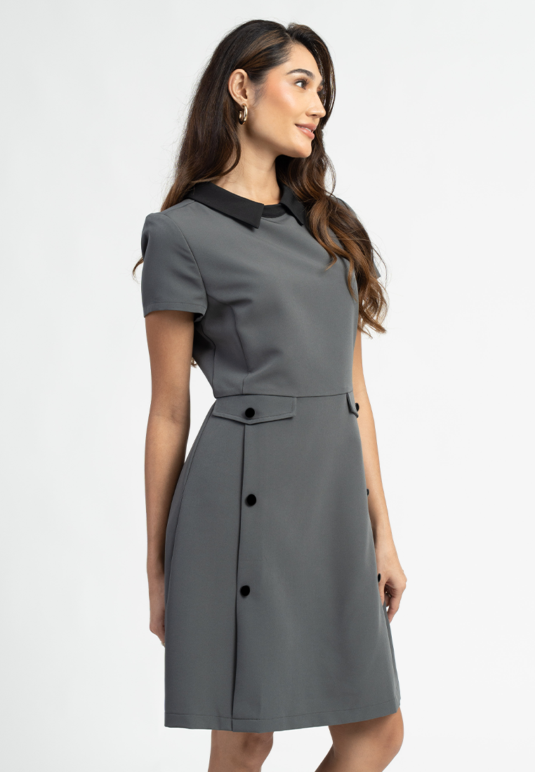 Ayla Short Sleeves Contrast Collar A-Line Midi Dress