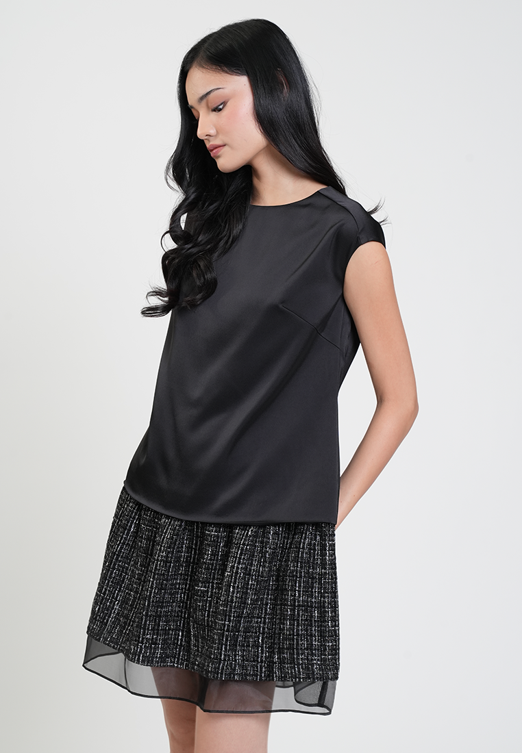 Chastine Cap Sleeve Satin Drop Waist Dress