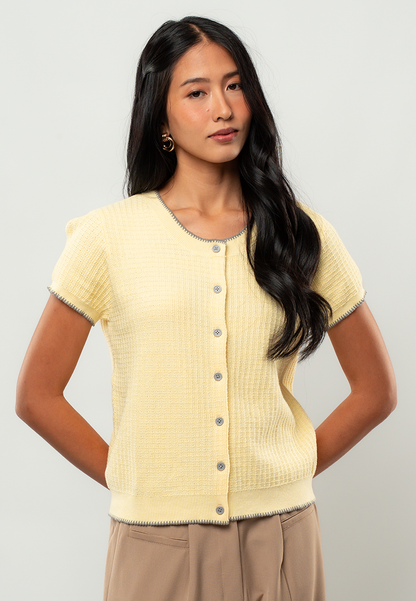 Elena Short-Sleeve Button-Front Knit Cardigan with Contrast Trim