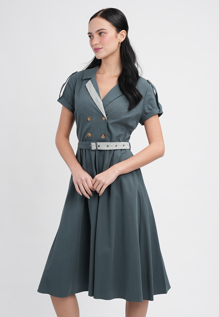 Maxine Button-Down Belted Midi A-Line Dress