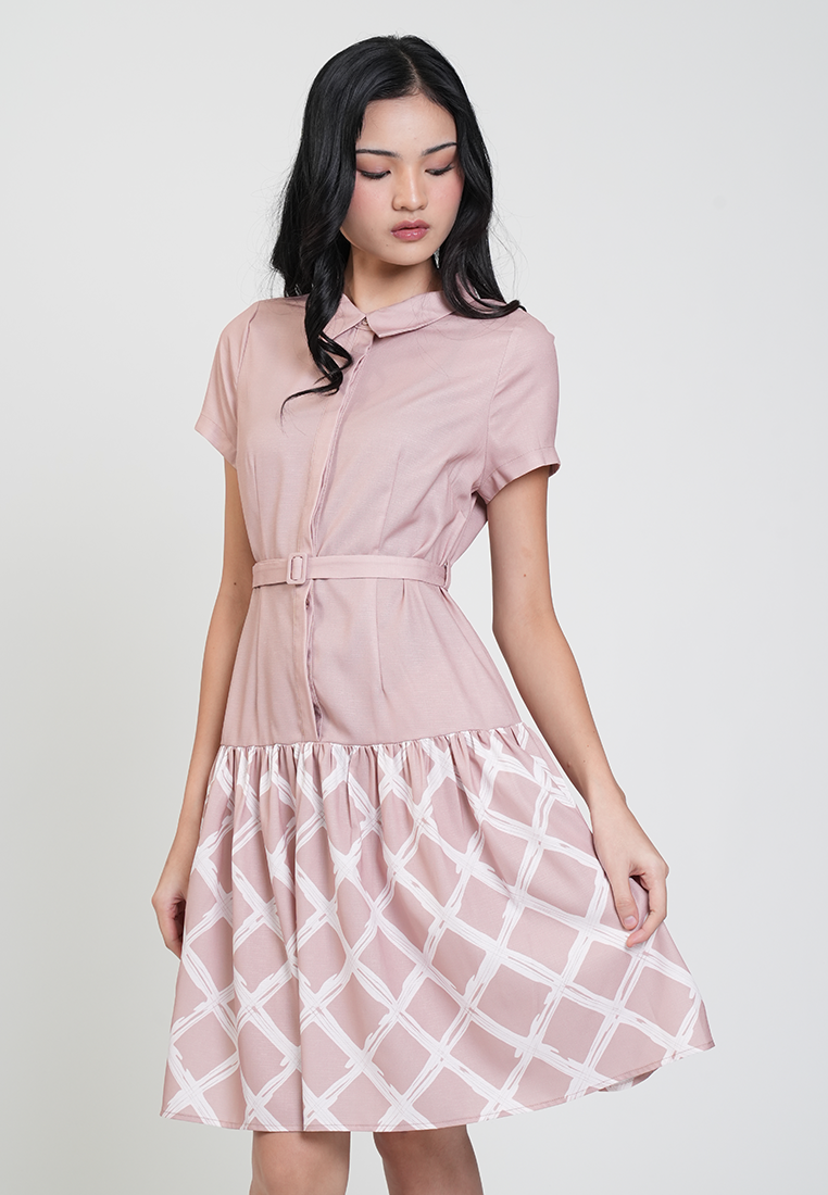 Camille Belted Collared A-Line Dress with Print