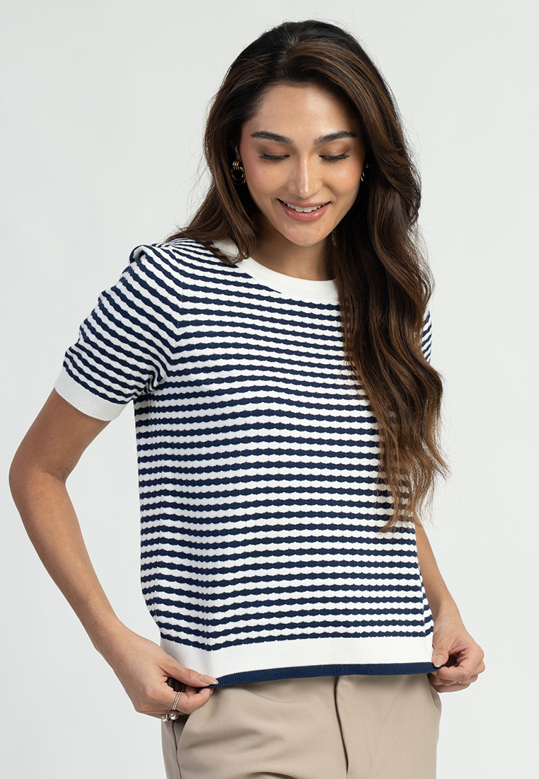 Zari Textured Stripe Knitted Short Sleeve Top