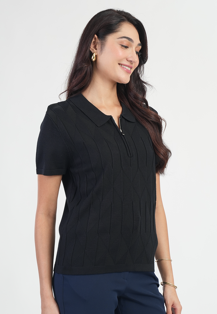 Maren Short Sleeves Polo Neck Diamond Knit Zip Top