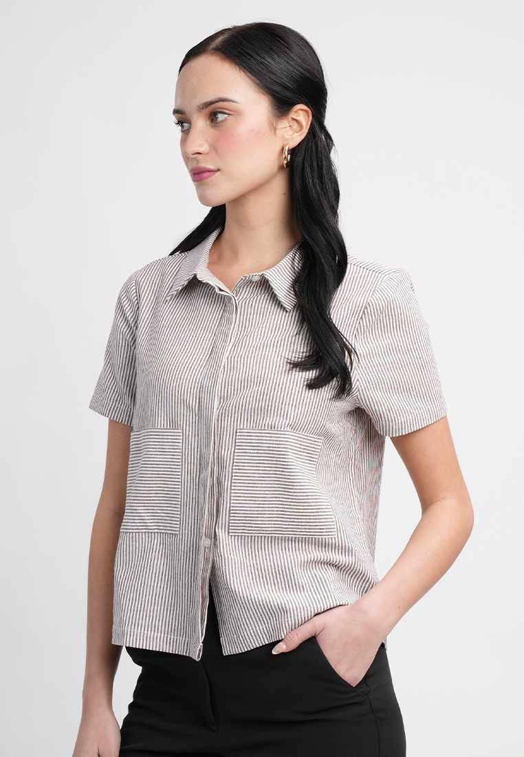 Emma Short Sleeve Striped Collared Button-Up Top Blouse