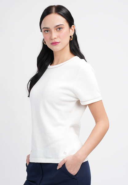 Gianna Classic Knit Top With Contrast Trim Crewneck