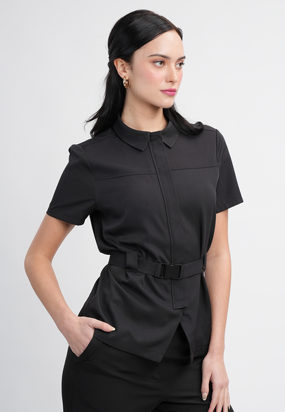 Sophia Belted Collared Top - Short Sleeve Button Blouse