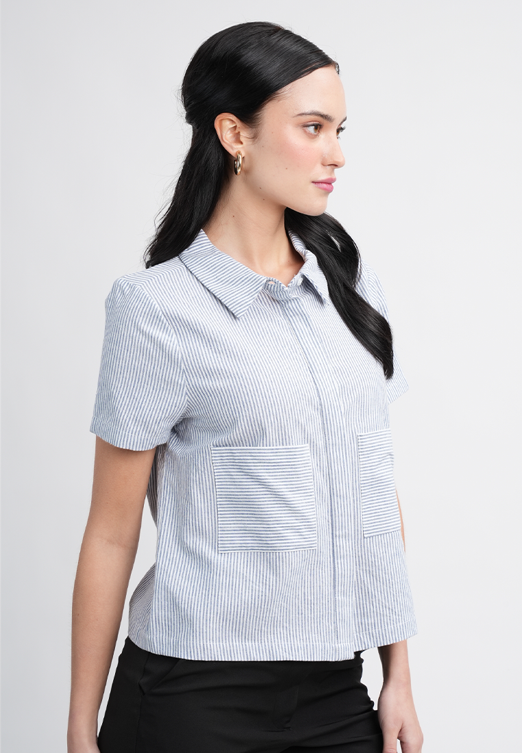Emma Short Sleeve Striped Collared Button-Up Top Blouse