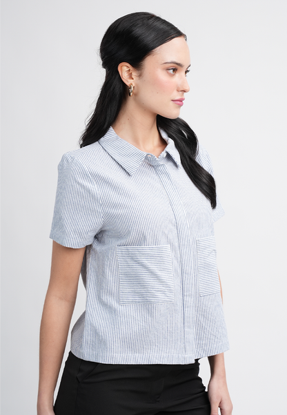 Emma Short Sleeve Striped Collared Button-Up Top Blouse