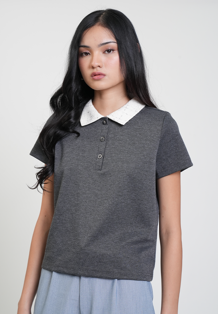 Mariella Contrast Tweed Collar Polo Top