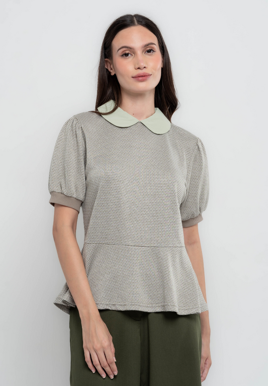 Marie Geometric Patterned Peplum Collared T-Shirt Blouse