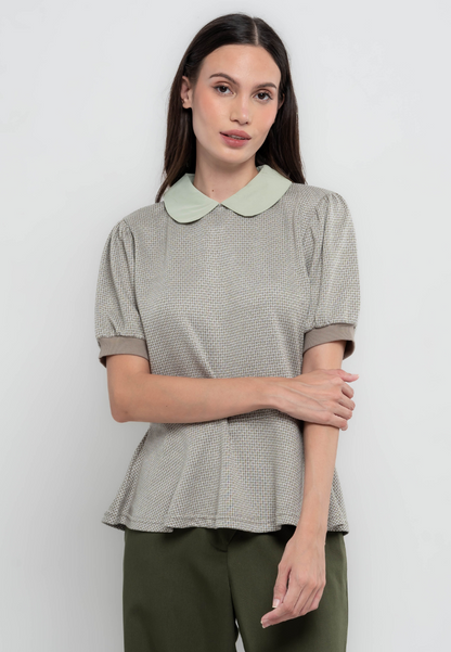 Marie Geometric Patterned Peplum Collared T-Shirt Blouse