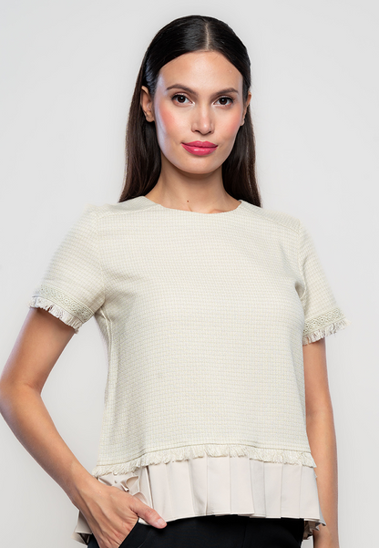 Mose Tweed Blouse with Fringe and Pleated Hem