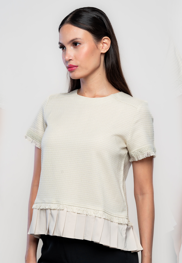 Mose Tweed Blouse with Fringe and Pleated Hem